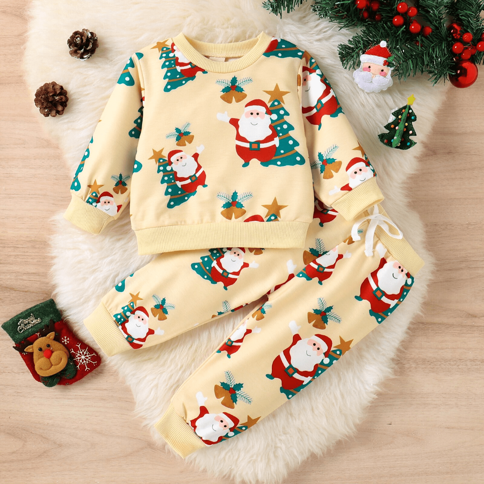 2_31c18305-bbb8-41a3-ad97-72b53fbc43d3 2Pcs Santa Tree Print Baby Sweatshirt - Image 1