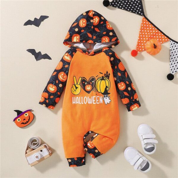 1 / 6-9M Halloween Spider Pumpkin Printed Hoodie Jumpsuit JuniorHaul