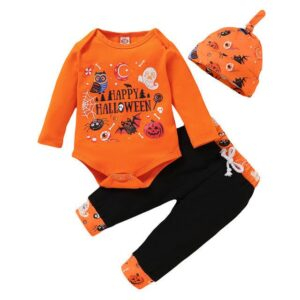 0-3M Halloween 3pcs Pumpkin Printed Long Sleeve Romper JuniorHaul