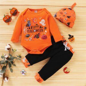 Halloween 3pcs Pumpkin Printed Long Sleeve Romper JuniorHaul