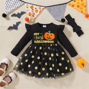 Halloween Pumpkin printed Lace Long Baby Girl Dress JuniorHaul