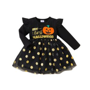 Halloween Pumpkin printed Lace Long Baby Girl Dress JuniorHaul