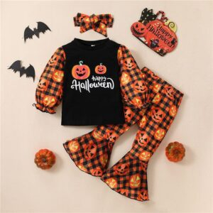 4-5Y Halloween 2PCS Pumpkin Printed Long Sleeve Top Bell-Bottom Trousers JuniorHaul