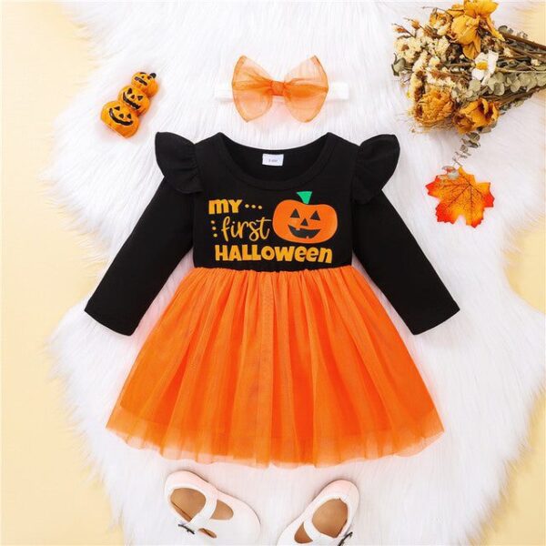 9-12M Halloween Pumpkin Print Patchwork Dress JuniorHaul