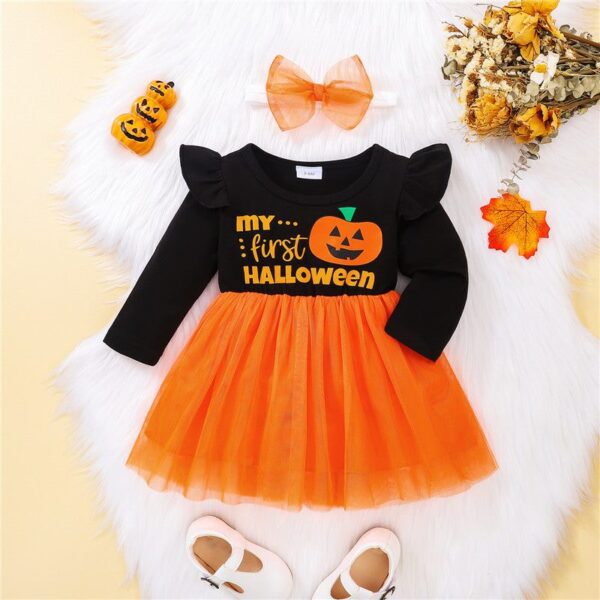 Halloween Pumpkin Print Patchwork Dress JuniorHaul
