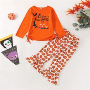 1 / 2-3Y Halloween Long Sleeve Pumpkin printed Top Bell-Bottoms JuniorHaul