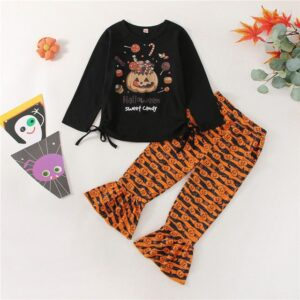2 / 2-3Y Halloween Long Sleeve Pumpkin printed Top Bell-Bottoms JuniorHaul