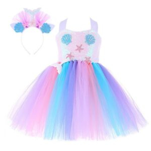 1 / L(5-6Y) Mesh Sequins Mermaid Ball Gown With Hair Band Dress JuniorHaul