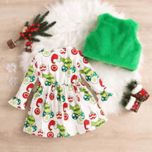 Girls Christmas Dress & Green Plush Vest - Image 3