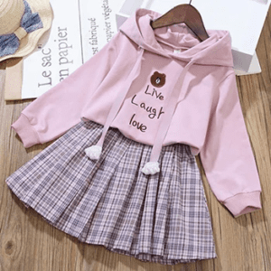Girls Bear Hoodie & Plaid Skirt Set - Image 3