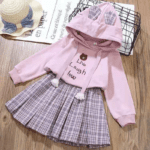 Girls Bear Hoodie & Plaid Skirt Set