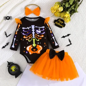 Baby Girl Halloween Skeleton Outfit with Tulle Skirt & Bow Headband - Image 3